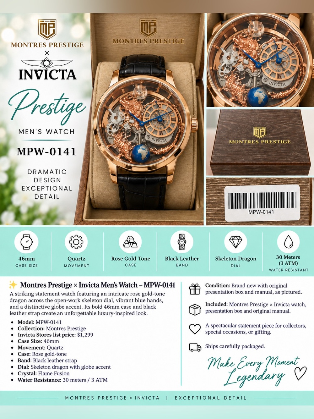 Montres Prestige x Invicta MPW-0141 Rose Gold Dragon Watch NIB